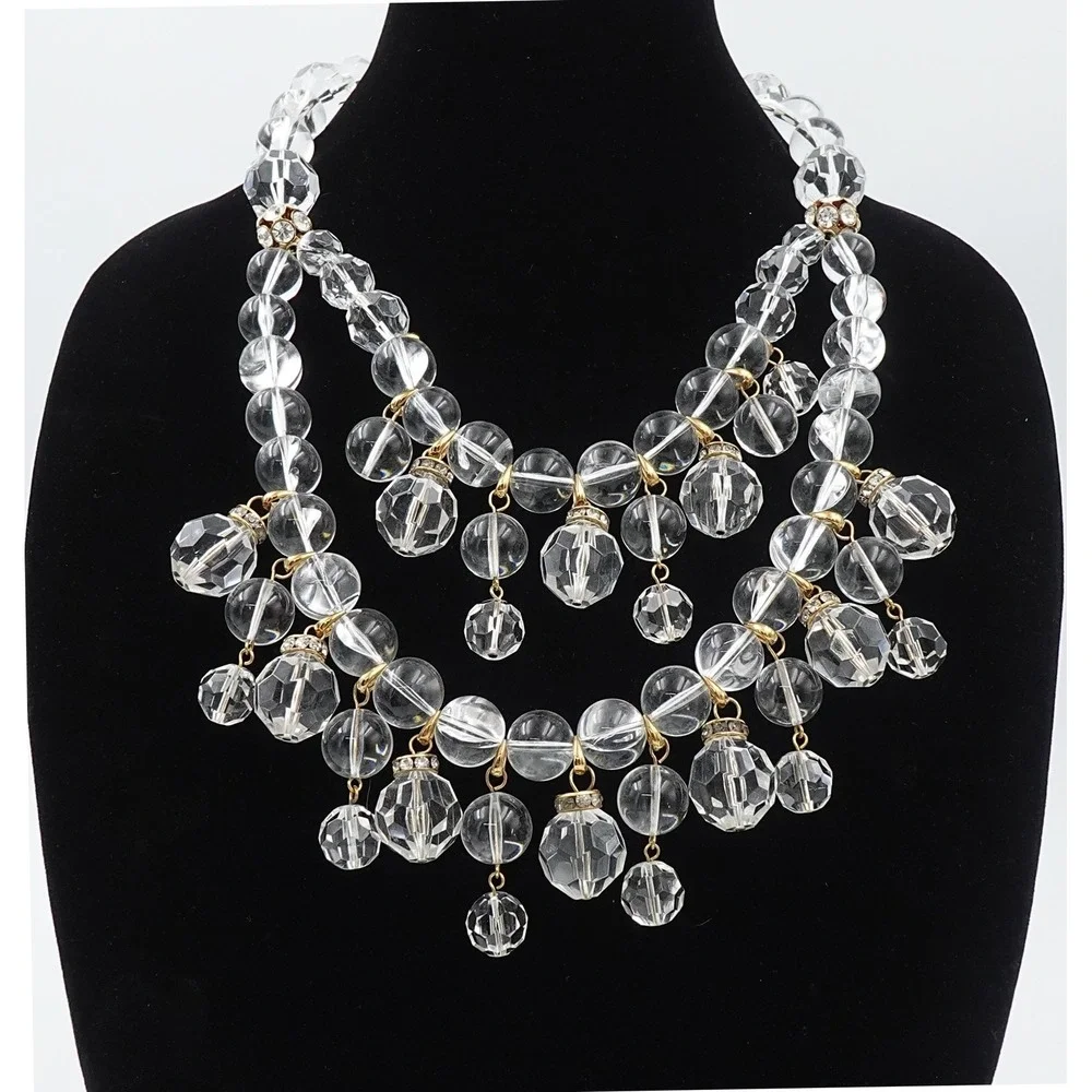 J Crew Clear Lucite Bead Bib Statement Necklace Chandelier Multi Strand Collar